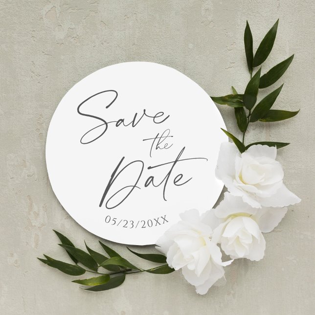 Minimalist White Wedding Save The Date Classic Round Sticker (Creator Uploaded)