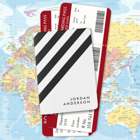 Minimalist White With Black Stripes Name Passport Holder