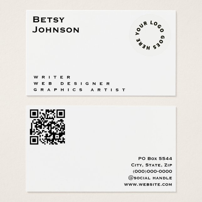 Minimalist White with Logo & QR code Business Card (Front & Back)