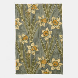 Minimalist White Yellow Daffodil Floral Pattern Kitchen Towel