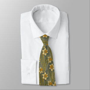 Minimalist White Yellow Daffodil Floral Pattern Neck Tie