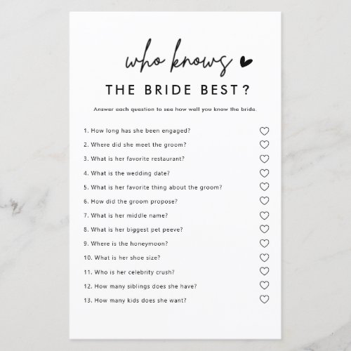 Minimalist Who Knows The Bride Best Bridal Game