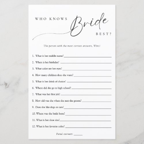 Minimalist Who Knows the Bride Best Shower Game