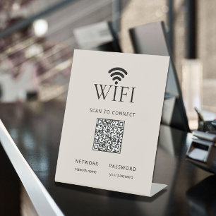 Minimalist WiFi Password Desk Sign QR Code Beige
