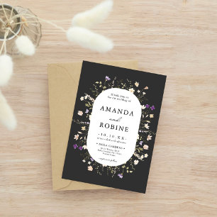 Minimalist Wildflower Black Wedding Invitation