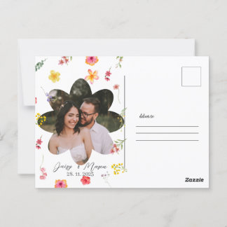 Minimalist Wildflower Botanical with photo Wedding Postcard