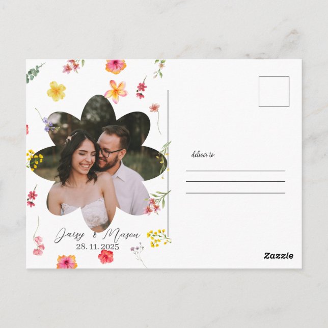 Minimalist Wildflower Botanical with photo Wedding Postcard (Back)