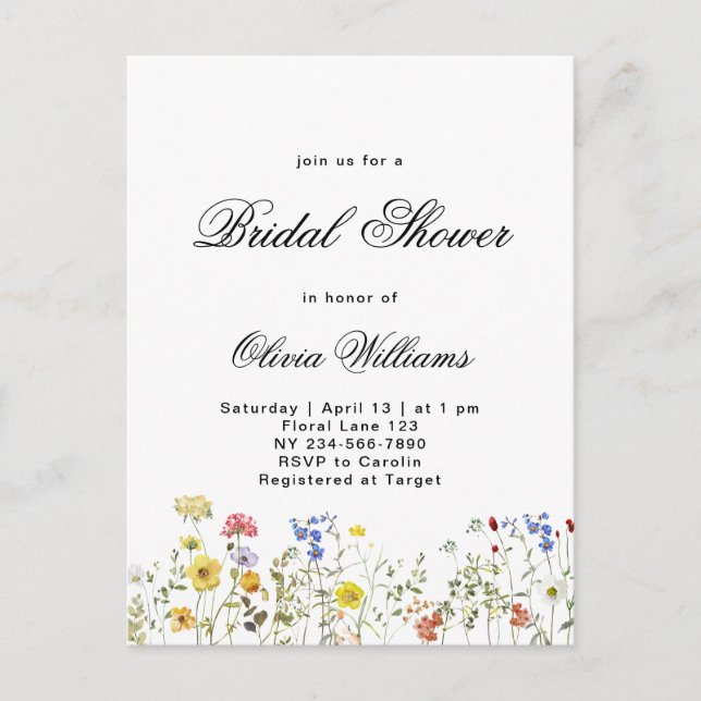 Minimalist Wildflower Bridal Shower Announcement Postcard (Front)