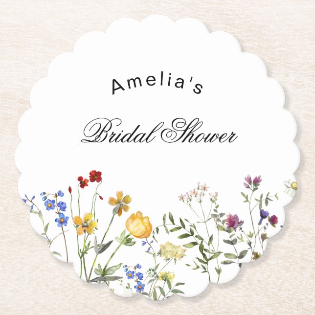 Minimalist Wildflower Bridal Shower Paper Coaster (Front)