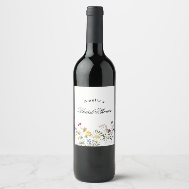 Minimalist Wildflower Bridal Shower Wine Label (Front)