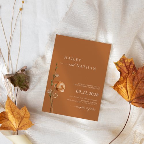 Minimalist Wildflower Burnt Orange Fall Wedding Invitation