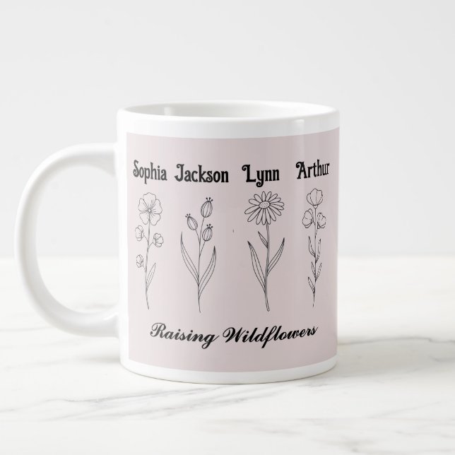Minimalist Wildflower Custom Kids Name Keepsake Giant Coffee Mug (Left)