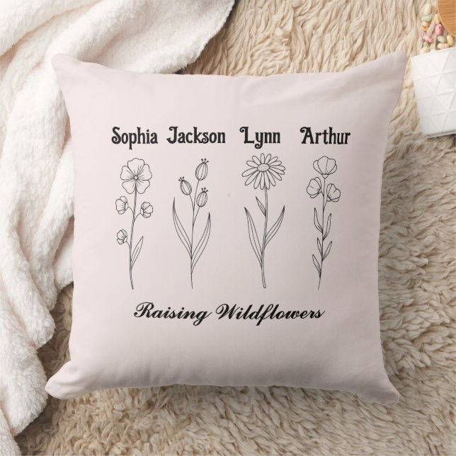 Minimalist Wildflower Custom Kids Name Keepsake Throw Pillow (Blanket)