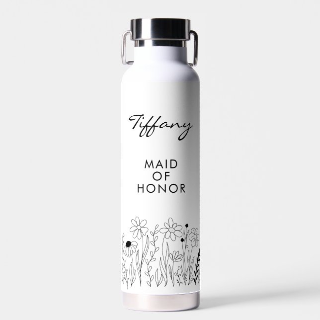 Minimalist Wildflower Cute Maid of Honor Water Bottle (Front)
