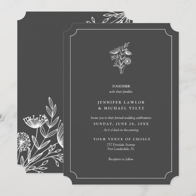 Minimalist Wildflower Dark Grey Wedding Invitation (Front/Back)
