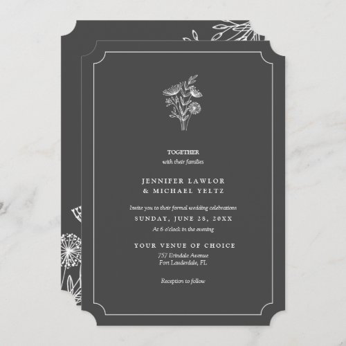 Minimalist Wildflower Dark Grey Wedding Invitation