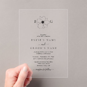 Minimalist Wildflower Hand-Drawn Monogram Wedding Acrylic Invitations