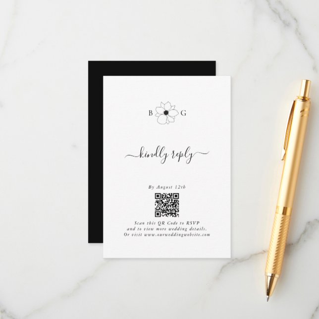 Minimalist Wildflower Hand-Drawn Monogram Wedding Enclosure Card (Front/Back In Situ)