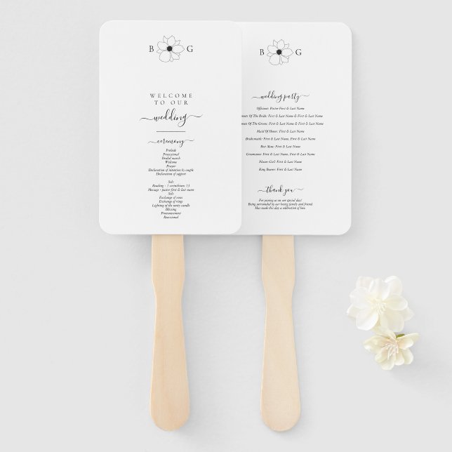 Minimalist Wildflower Hand-Drawn Monogram Wedding Hand Fan (Front and Back)