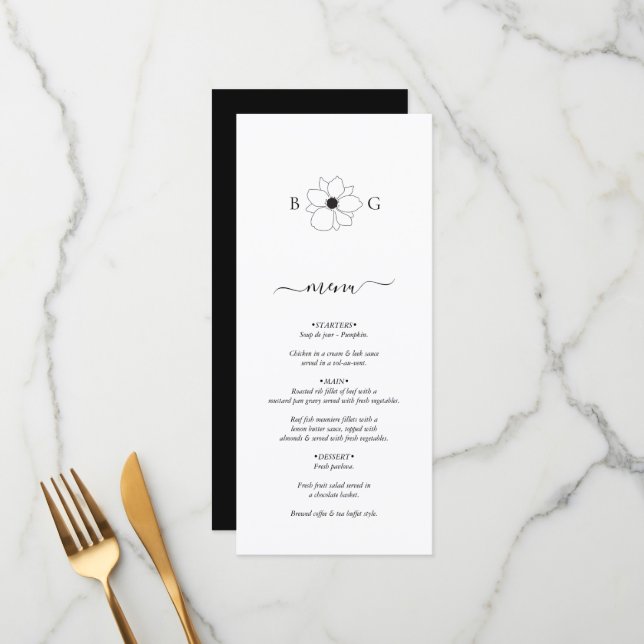 Minimalist Wildflower Hand-Drawn Monogram Wedding Menu (Front/Back In Situ)