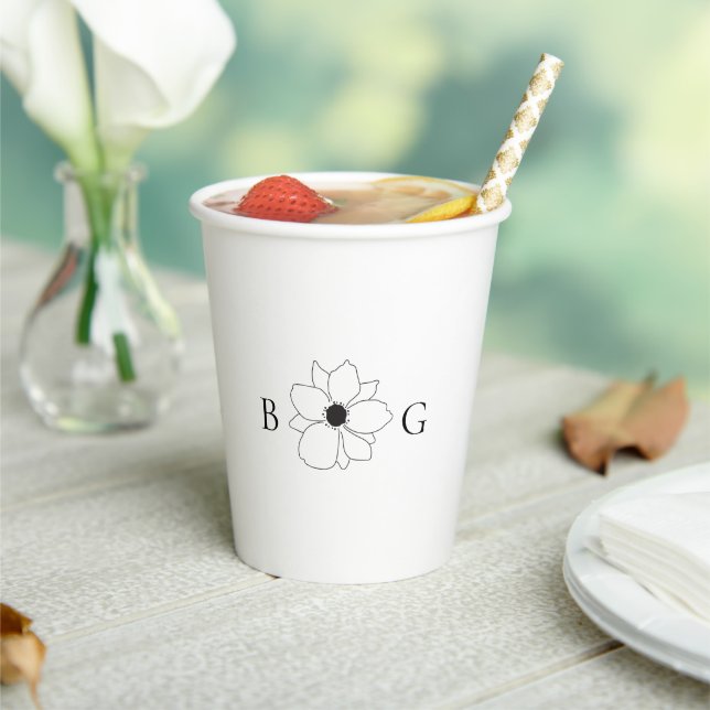 Minimalist Wildflower Hand-Drawn Monogram Wedding Paper Cups (Insitu)