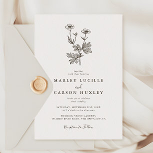 Minimalist Wildflower Line Art Wedding Invitation