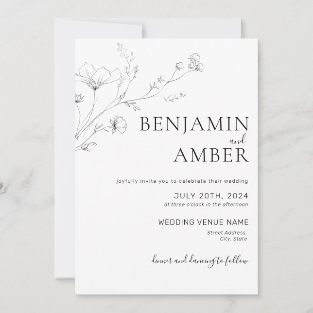 Minimalist Wildflower Lineart Drawing Boho Wedding Invitation (Front)