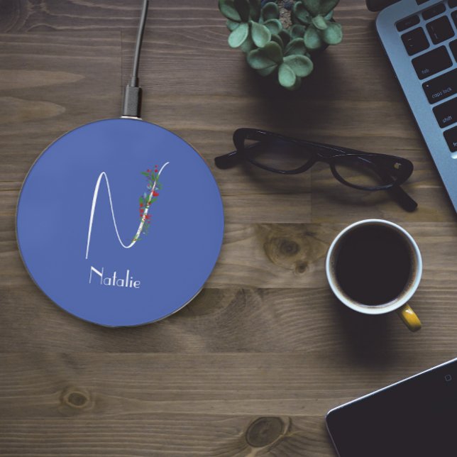 Minimalist wildflower monogram blue wireless charger  (Creator Uploaded)