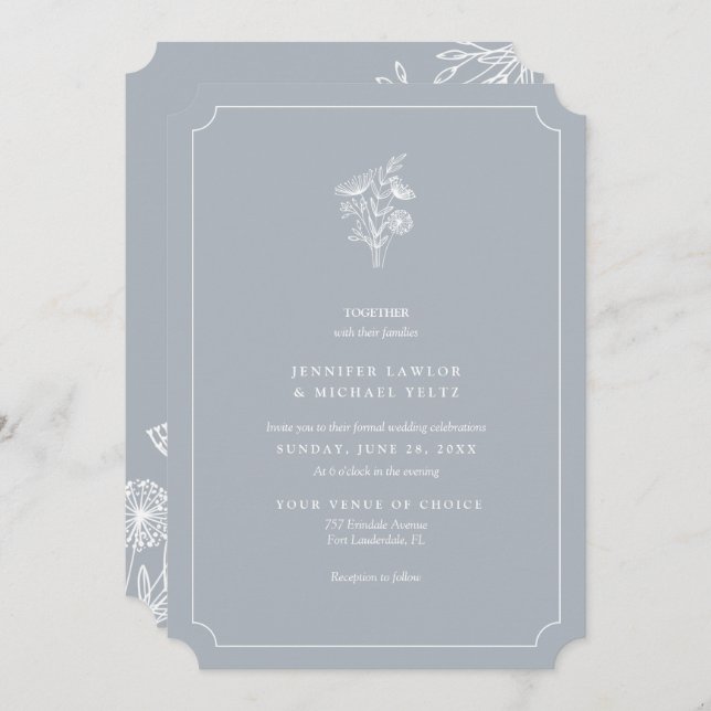 Minimalist Wildflower Pale Blue Wedding Invitation (Front/Back)