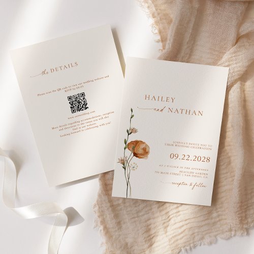Minimalist Wildflower QR Code All In One Wedding Invitation