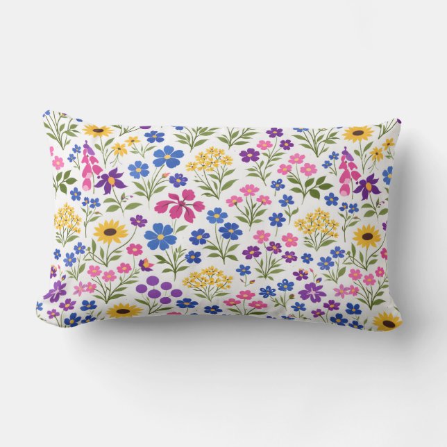 Minimalist Wildflower Seamless Pattern on White  Lumbar Pillow (Front)