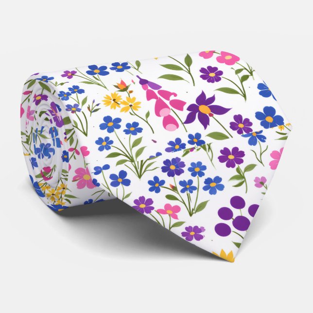 Minimalist Wildflower Seamless Pattern on White  Neck Tie (Rolled)