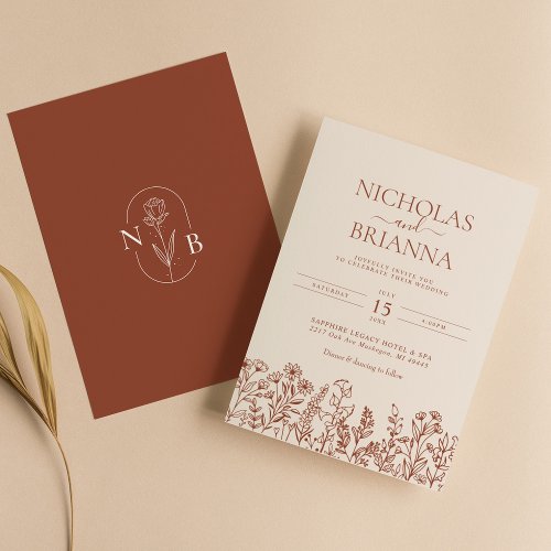 Minimalist Wildflower Terracotta Wedding Monogram Invitation