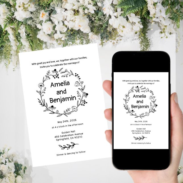 minimalist Wildflower Wreath Folk Rustic Wedding  Invitation (Creator Uploaded)