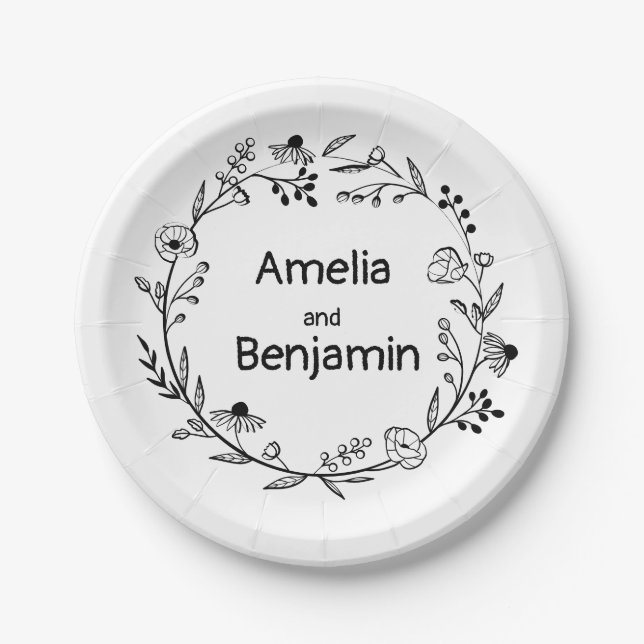 minimalist Wildflower Wreath Folk Rustic Wedding  Paper Plates (Front)
