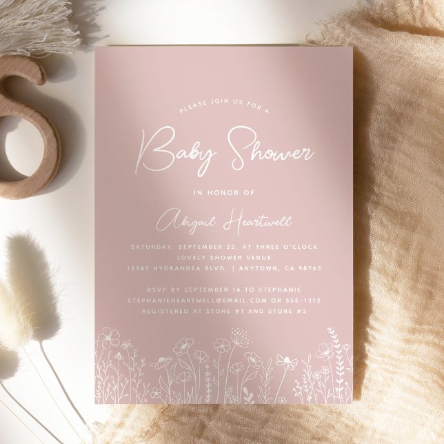Minimalist Wildflowers Dusty Rose Girl Baby Shower Invitation (Creator Uploaded)