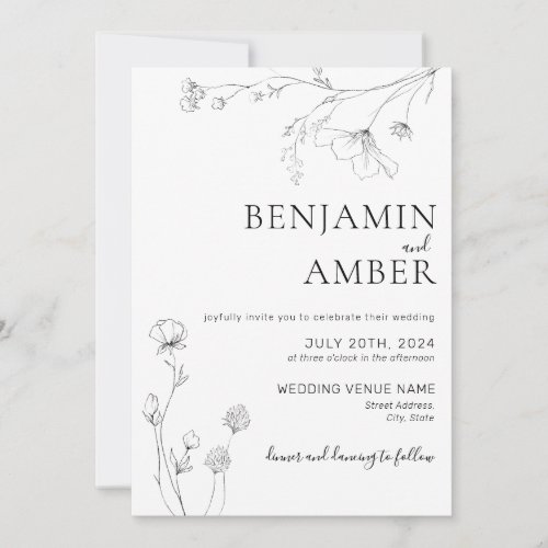 Minimalist Wildflowers Line Art Boho Wedding Invitation