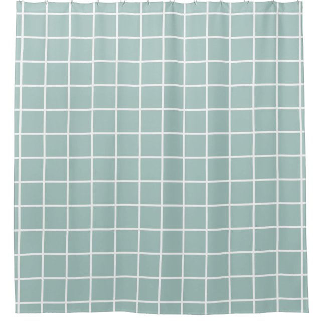Minimalist Window Pane Grid, White on Seafoam Shower Curtain (Front)