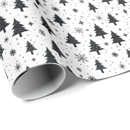 Minimalist Winter Black White Tree Snowflake  Wrapping Paper
