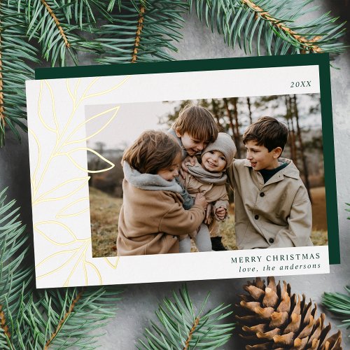 Minimalist Winter Botanical Green Photo Foil Holiday Card