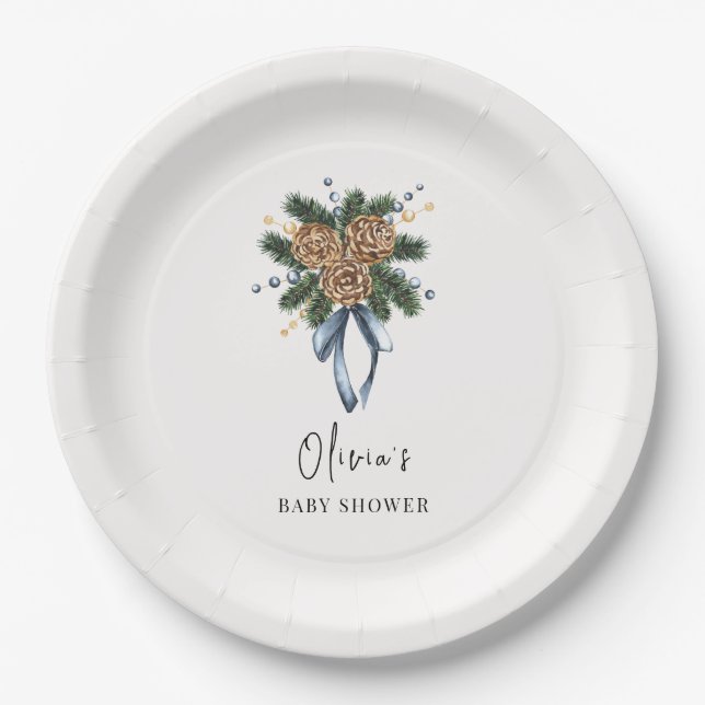 Minimalist Winter Christmas Wreath Baby Shower Paper Plates (Front)