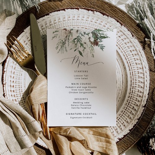Minimalist winter evergreen wedding menu