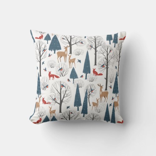 Minimalist Winter Forest Animals and Trees Pattern Throw Pillow