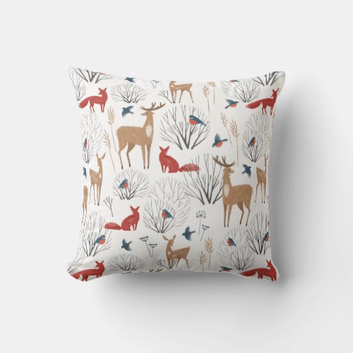 Minimalist Winter Forest Animals Pattern Throw Pillow