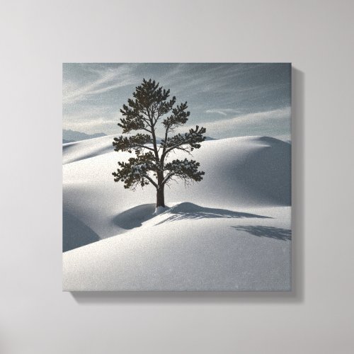 Minimalist Winter Landscape with a Lone Pine Tree Canvas Print