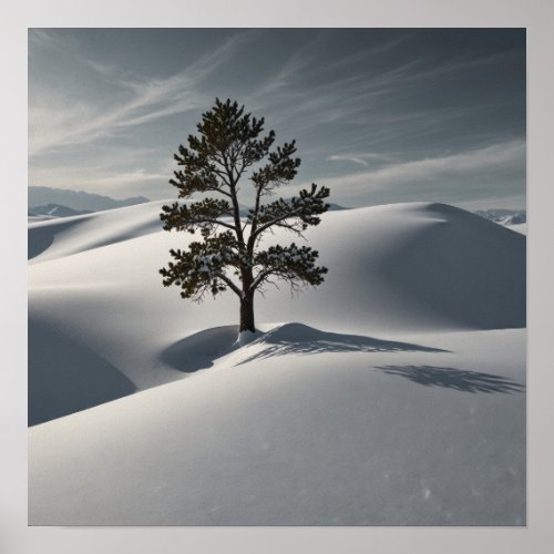 Minimalist Winter Landscape with a Lone Pine Tree Poster