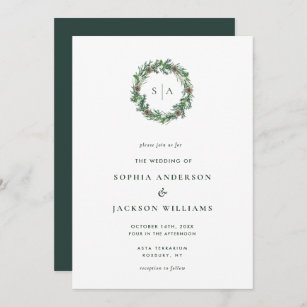 Minimalist Winter Monogram Wreath Wedding Invitation