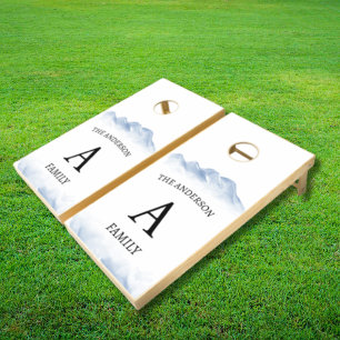 Minimalist Winter Mountain Family Name Cornhole Set