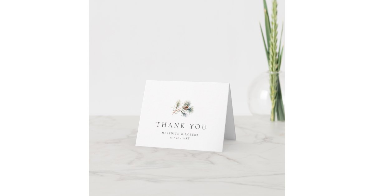 Minimalist Winter Pine Branch & Cone Wedding Thank You Card | Zazzle