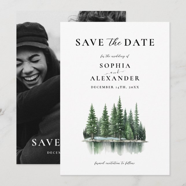 Minimalist Winter Pine Forest Photo Save the Date Invitation (Front/Back)